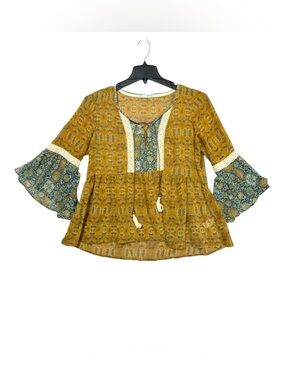 Maurices Floral Boho Peasant Blouse Women's L Mustard Sheer Leather Cord Lace Up